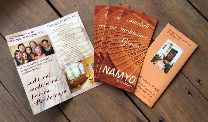 Werbeflyer für die Namyo-Massagepraxis in Bremen